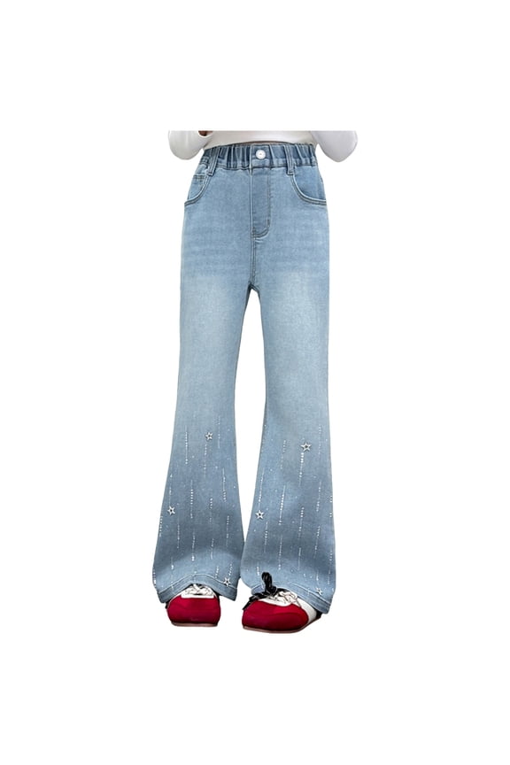 Girls Wide Leg Jeans Jeggings For Girls Tween Girls Wide Leg Jeans Zipper Fly and Bow Embroidery Back, Denim Pants with Pockets for Girls,Size 6-7 Years,Light Blue