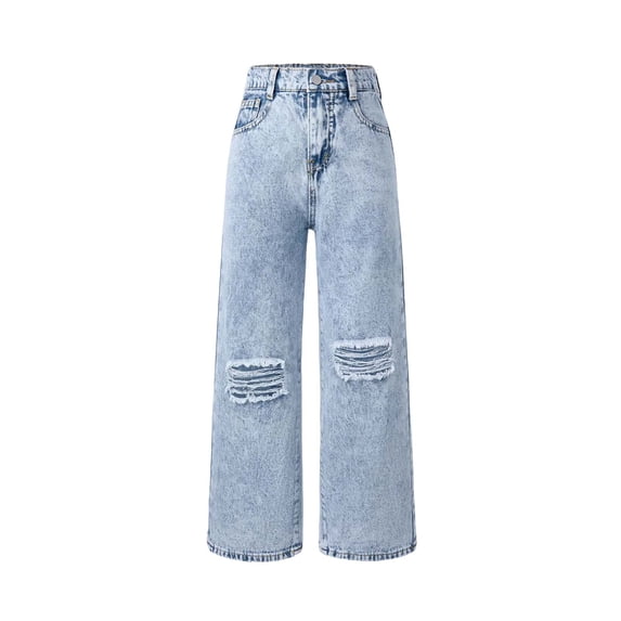 Povozer Girls Wide Leg Jeans Kids Girls Ripped Distressed Denim Washed Baggy Wide Leg Casual Jeans for 11-12 Years,Light Blue