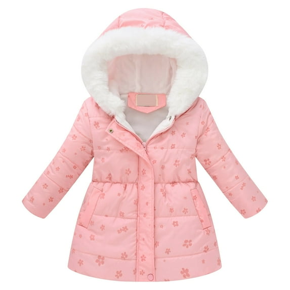Povozer Girls Winter Long Puffer Coat Thick Padded Soft Fleece Jacket with Hood(Light Pink,4-5Y)