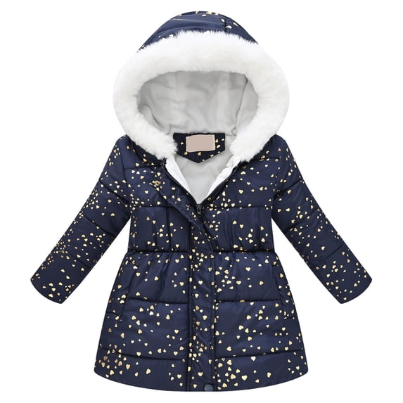 Povozer Girls Winter Long Puffer Coat Thick Padded Soft Fleece Jacket with Hood(Navy,11-12Y)