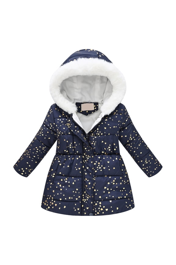 Girls Winter Long Puffer Coat Thick Padded Soft Fleece Jacket with Hood(Navy,7-8Y)