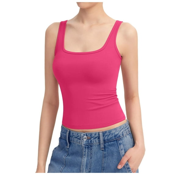 Povozer Women Spaghetti Strap Scoop Neck Ribbed Tank Tops Slim Fitted Cotton Camisole Basic Sleeveless Layering Shirts(Hot Pink,M)