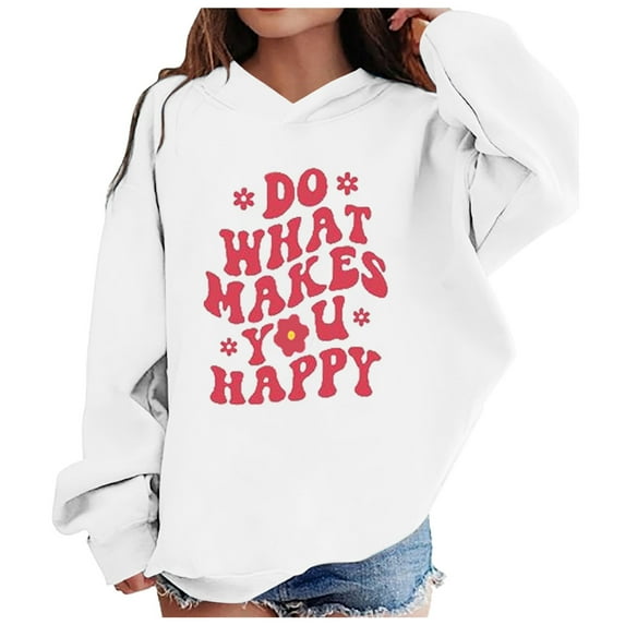 Povozer Hoodie Sweatshirt for Girls, Vintage Graphic Print Long Sleeve Hooded(White,4-5Y)