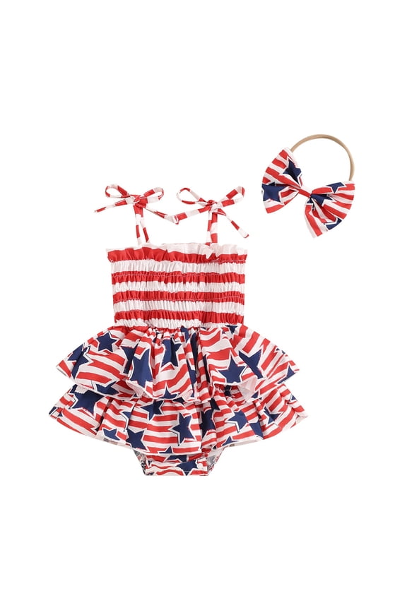 Independence Day Clothes Girl Newborn Baby 4th Of July Outfit Girl Usa Bubble Romper Smocked Dress My First Forth Of July baby girl Outfits for 3-6 Months,Blue