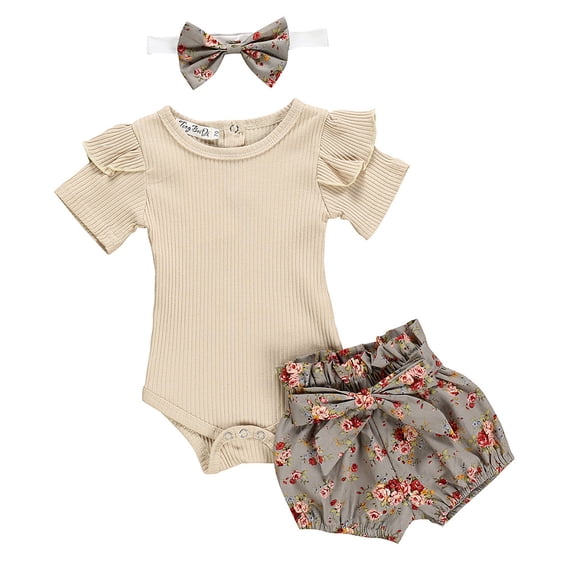 Povozer Infant Baby Girl Summer Outfit Clothes Newborn Romper Ruffle Letter Short Sleeve T-Shirt Shorts Headband 3Pcs Set Cowgirl Outfit 0 3 6 9 12 18 24 Months for 6-12 Months,Khaki