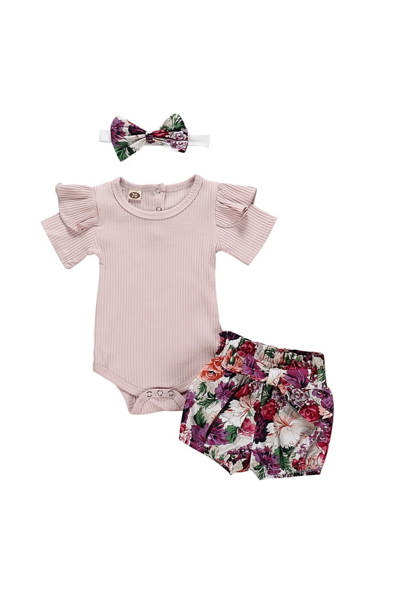 Baby Girl Summer Outfit Clothes Romper Ruffle Letter Short Sleeve T-Shirt Shorts Headband 3Pcs Set Cowgirl Outfit 0 3 6 9 12 18 24 Months for 0-6 Months,Purple