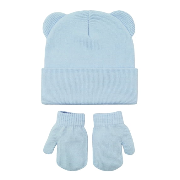 Povozer Infant Toddler Beanie Kint Hat Winter Baby Knitted Ear Warmers Cute Ear Wool Hat Gloves Set,Size 0-6 Months,Light Blue