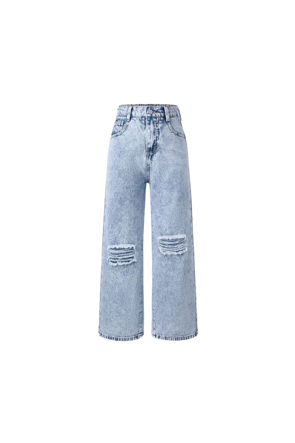 Jeans for Kids Girls Waist Cool Ripped Jeans Washed Denim Wide Leg Ripped Denim Jean for 13-14 Years,Light Blue