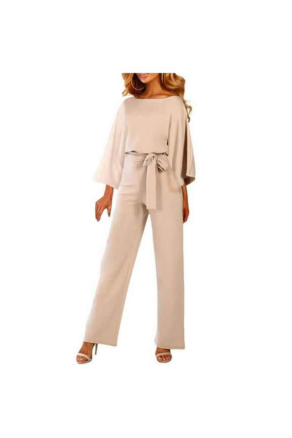 Jumpsuits for Women Formal Sexy Elegant Long Straight Pants Busineess Party Jumpsuit with Belt Pockets(Beige,XXL)