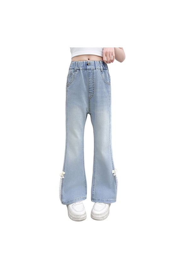 Kids Baggy Jeans Girls Pants Tween Girls' Jeans Heart Embroidered Casual Zipper Fly Wide Leg Distressed Ripped Washed Denim Pants,Size 10-12 Years,Light Blue