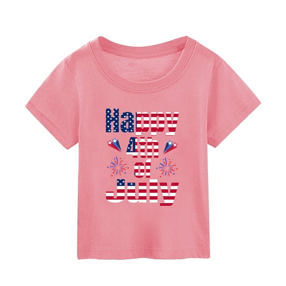 Povozer Kids Boys 4th of July Shirts Toddler American Flag T-Shirt Girls Patriotic Short Sleeve Tees Cotton Top Clothes (Pink, 2-3 Years)
