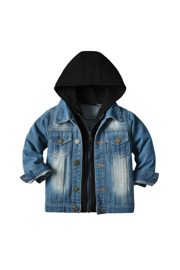 Kids Boys Girls Hooded Denim Jacket Zipper Coat Outerwear(Black,6-7 Years)