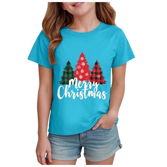 Povozer Kids Christmas T-Shirt Comfortable Breathable Stylish Print Short Sleeved Top For Girls,Size 13-14 Years,Sky Blue