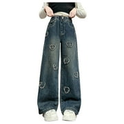 Povozer Kids Girls Baggy Jeans Casual Wide Leg High Waist Denim Pants(Blue,4-5Y)