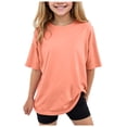 thumbnail image 1 of Povozer Kids Girls Cotton Crew Neck Shirt 2025 Girls Pleated Short Sleeve T Shirts Kids Summer Crewneck Shirts Casual Tops Tees for 120,Orange, 1 of 6