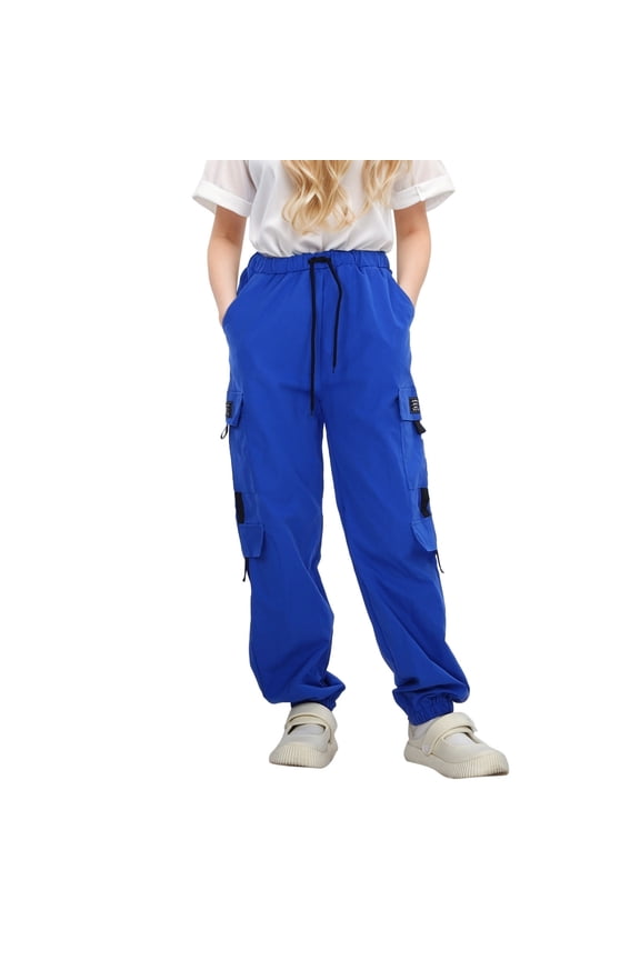 Kids Girls Drawstring Cargo Pants Dungarees Elastic Waist Casual Baggy Pants(Blue,11-12 Years)