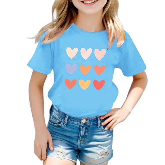 Povozer Kids Girls Soft Patchwork Loose T Shirts Summer Curved Hem Clothes (Blue, 11-12 Years)