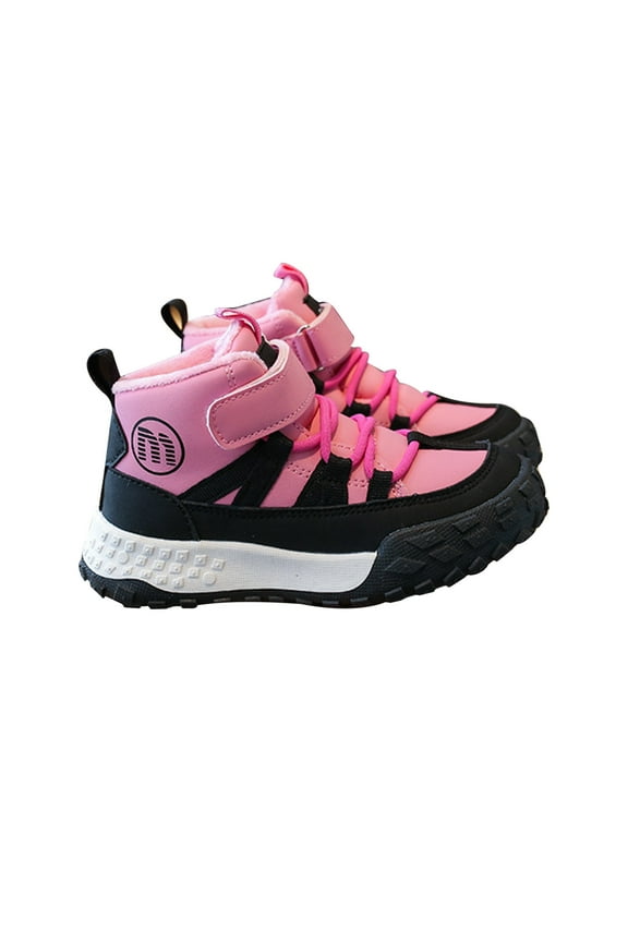 Kids High Top Sneakers - Boys Hiking Boots with Bungee & Strap, Outdoor Trekking Shoes with Traction Outsole(Hot Pink,4.5-5 Years)