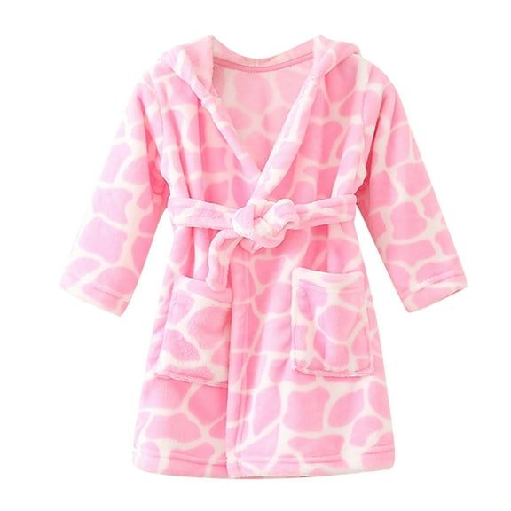 Povozer Kids Toddler Boys Girls Fleece Robe Hooded Bathrobe Pajamas Sleepwear(Pink,1-2Y)