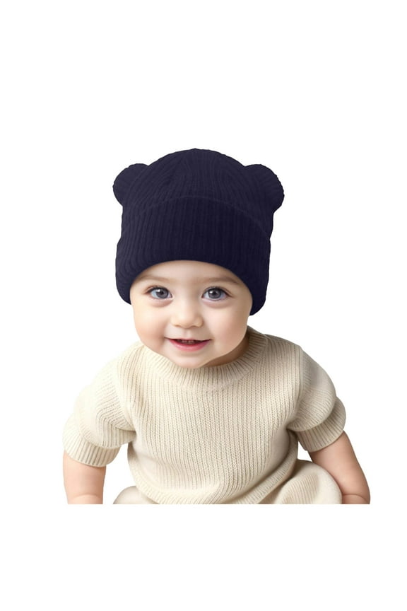 Kids Winter Knitted Beanie Hat Pompom Ears Ski Hat for Boy Girl(Navy,3-36M)