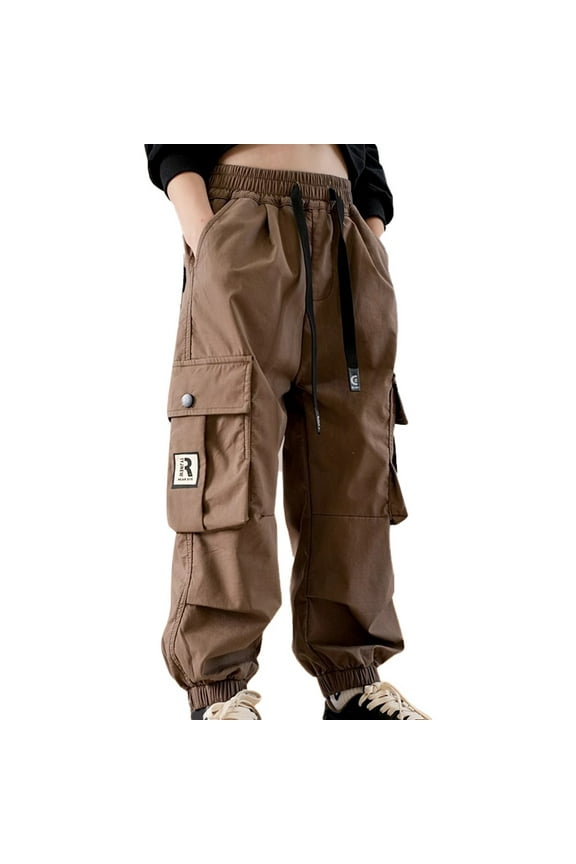 Girls High Waist Parachute Pants Y2K Cargo Trousers with Pockets(Coffee,11-12 Years)