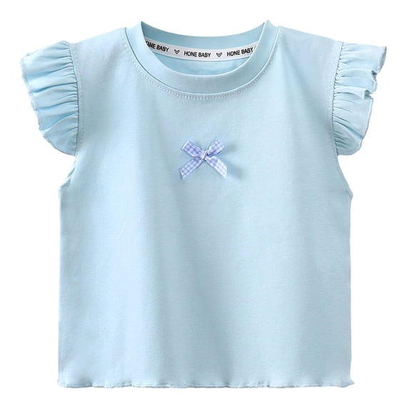 Povozer Little Girl Clothes Girls Summer Short Sleeve Top Toddler Ruffle Sleeve Top Summer T Shirts Casual Crewneck Tees Tops Basic Blouse For Girls 1 6Y Size 6-7 Years,Light Blue