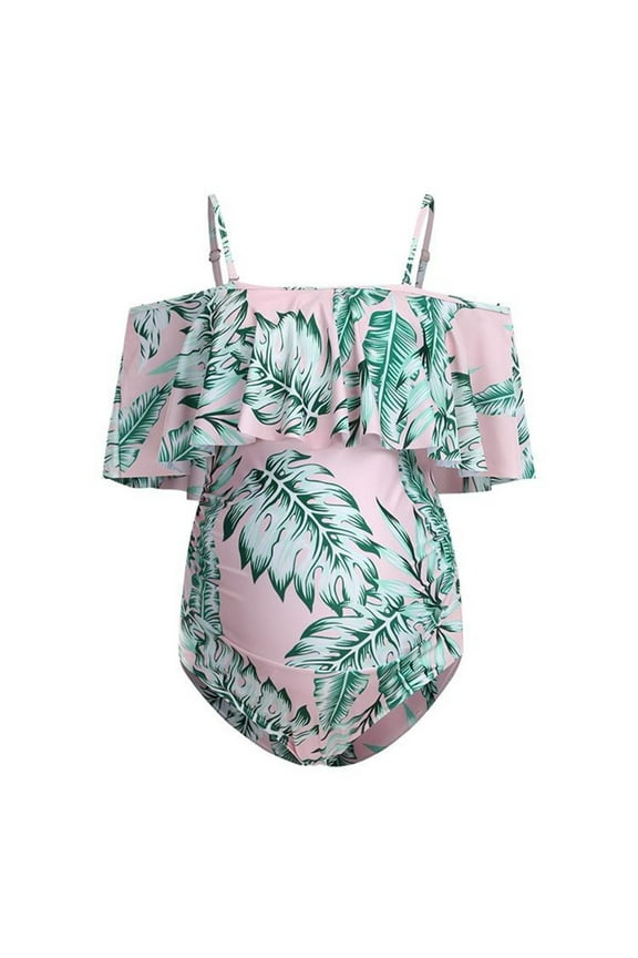 Maternity Swimsuit One Piece High Waisted Pregnancy Bathing Suits Push Up Swimwear (Pink, XXL)