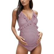 Povozer Maternity Swimsuits V Neck Ruffled Monokini Plus Size Lace Up Swimwear One Piece Bathing Suits for Pregnant Women (Hot Pink, S)