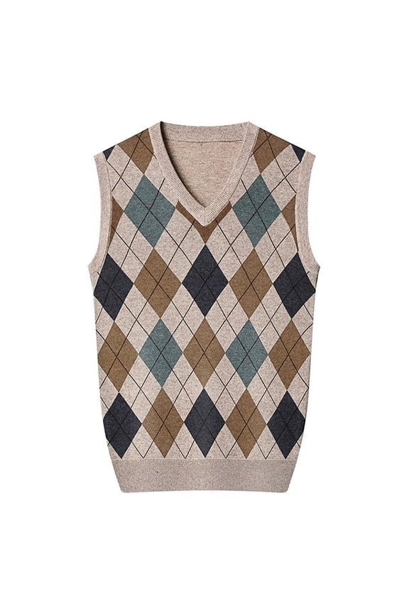 Mens Argyle Sweater Vests Rhombus Sleeveless V-Neck Knit Pullover Vest(Khaki,XL)
