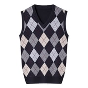 Povozer Mens Argyle Sweater Vests Rhombus Sleeveless V-Neck Knit Pullover VestNavy,L