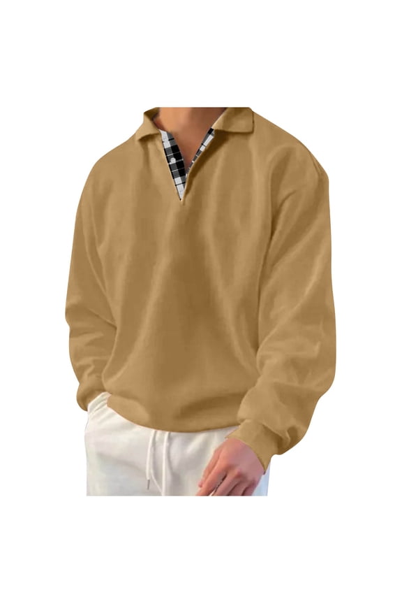 Mens Fashion Polo Shirts Cotton Classic Long Sleeve Thermal Button Shirt(Khaki,XXL)