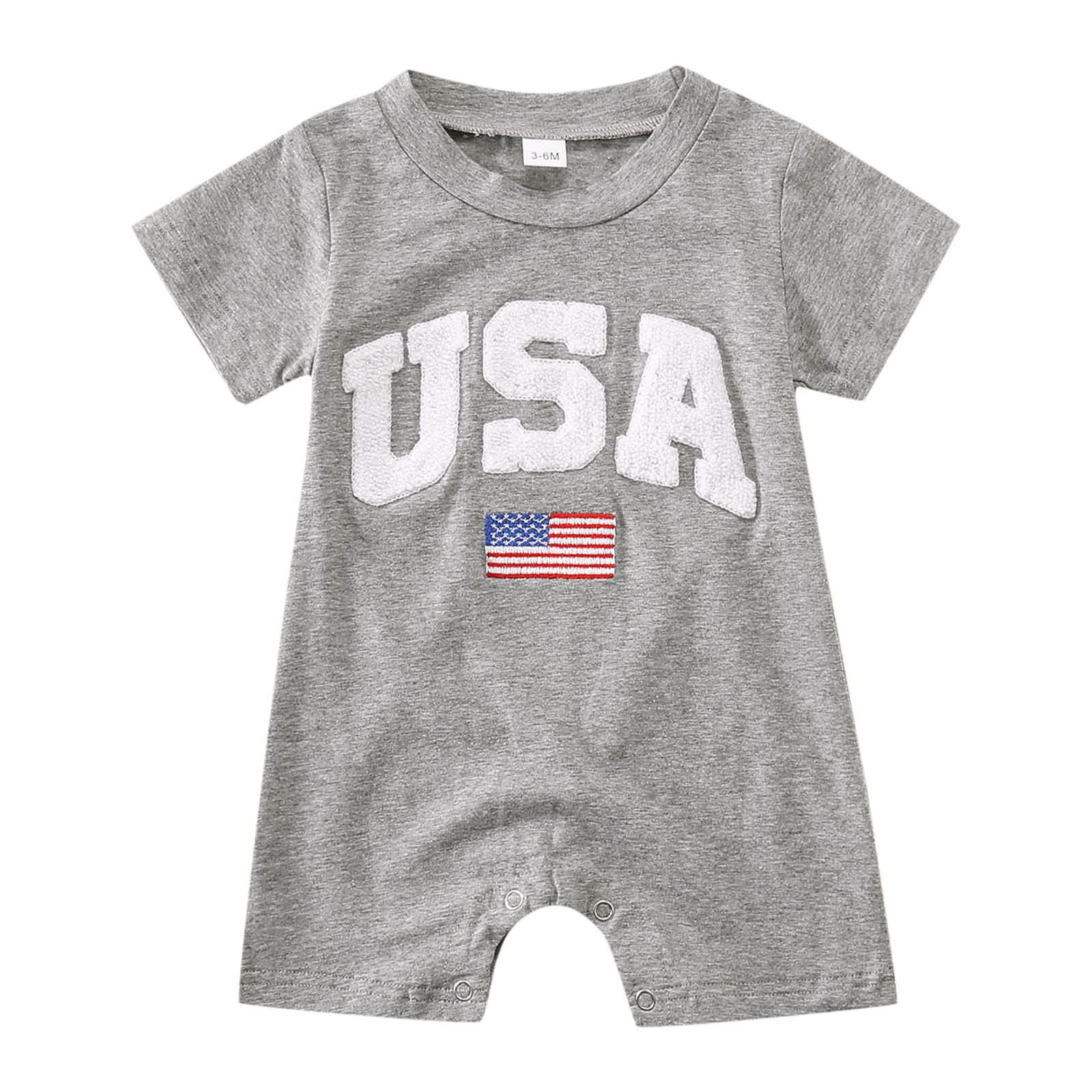Povozer Newborn Baby Boy 4th of July Clothes Flag Embroidery Jumpsuit Waffle Short Sleeve Romper,Size 3-6 Months,Grey