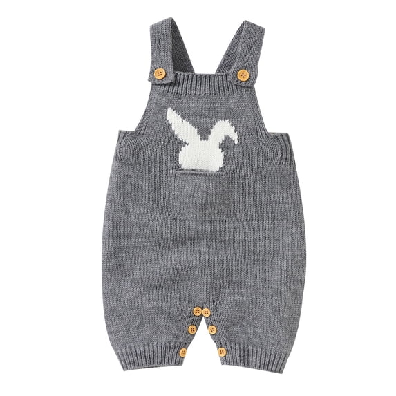 Povozer Baby Boy Girl Easter Outfit Knitted Bunny Romper Overalls with Pocket(Gray,6-9M)