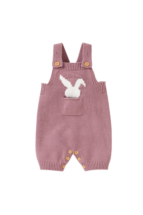 Baby Boy Girl Easter Outfit Knitted Bunny Romper Overalls with Pocket(Pink,6-9M)
