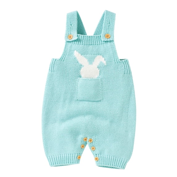 Povozer Baby Boy Girl Easter Outfit Knitted Bunny Romper Overalls with Pocket(Sky Blue,0-3M)