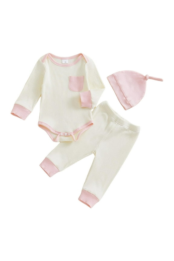 Newborn Baby Girl Going Home Outfit Ruffle Ribbed Romper Top Pants Set(Pink,0-3M)