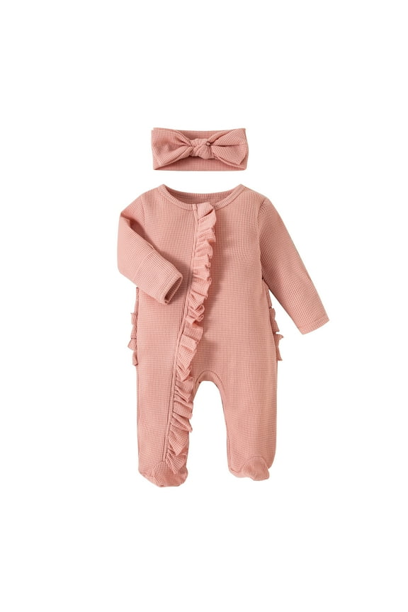 Newborn Baby Girl Outfits Clothes Knit Jumpsuit Ruffle Romper Newborn Coming Home Outfit for Baby Girl(Pink,0-3M)