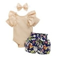 thumbnail image 1 of Povozer Newborn Baby Girl Summer Clothes Infant Rib Knit Romper Floral Cow Shorts Set Ruffle Western Cowgirl Outfit 0 3 6 9 12 18 24 Months for 0-6 Months,Beige, 1 of 9