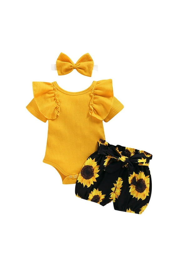 Newborn Baby Girl Summer Clothes Infant Rib Knit Romper Floral Cow Shorts Set Ruffle Western Cowgirl Outfit 0 3 6 9 12 18 24 Months for 18-24 Months,Yellow