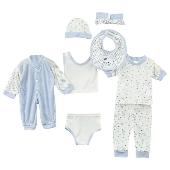 Povozer Baby Layette Gift Set Baby Nursery Must Haves Baby Boy Girl Clothes 8PCS Layette Set Newborn Tops+Hat+Pants+Bib+Sock Shose+Romper for 0-3 Months,Blue