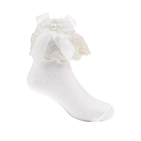 Povozer Ruffle Socks Ruffle Trim Socks for Baby Girls Kids Princess Style Dress Dot Pattern Ankle Socks,Size 1-2 Years,White