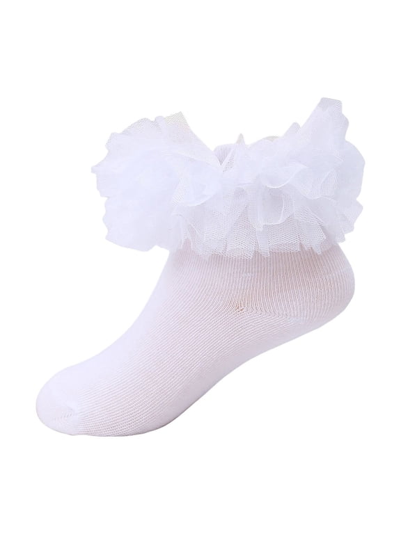 Ruffle Socks for Toddler Baby Girls Double Frilly Lace Dress Socks Kids Ankle Tutu Socks(White,1-3 Years)
