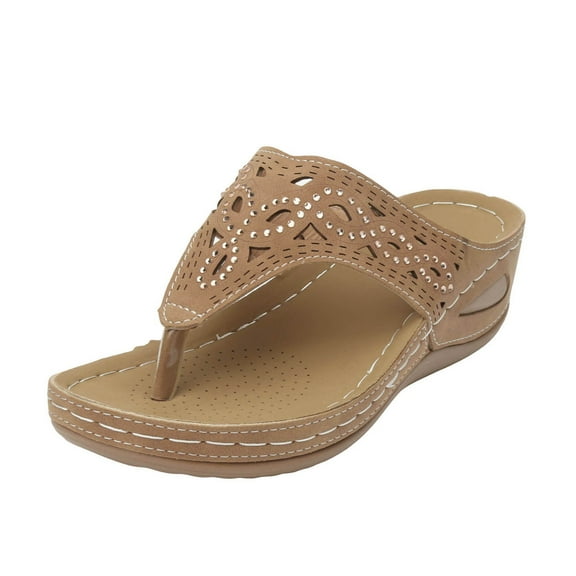 Povozer Sandals for Women Flip Flops Retro Hollow out T-strap Thong Sandals(Khaki,8.5)