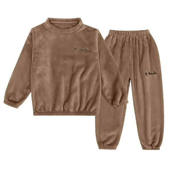 Povozer Set Pajamas Outfits Set for Kids Matching Sleepwear Set Lounge Tops + Pants Fleece for Girls(Coffee,18-24 Months)