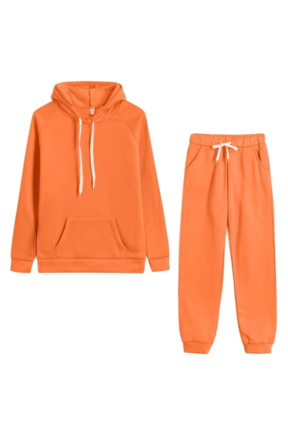 Sport Set for Women Casual Solid Hooded Sweatshirt and Pant Tracksuit Sport Suit(Orange,S)