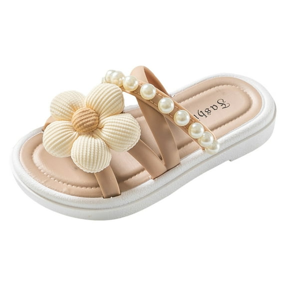 Povozer Summer Lightweight Soft Bottom Breathable Girls Beach Slipper(Khaki,11 Little Kid)