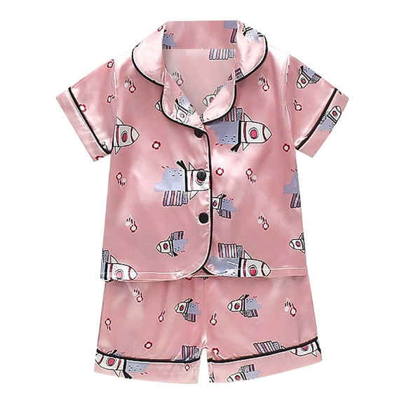 Povozer Summer Pajamas for Girls Toddler Baby Girls Summer Silk Pjs Feather Trim Short Sleeve Shirt Shorts Satin Pajama Set Pjs Sleepwear Nightgown for 3-4 Years,Pink