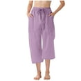 thumbnail image 1 of Povozer Teen Girls Casual Cotton Linen Pants Capris Pants for Girls Summer Casual Loose Cotton Linen Straight Wide Leg Drawstring Waist Solid Cropped Pant for 10-11 Years,Purple, 1 of 4