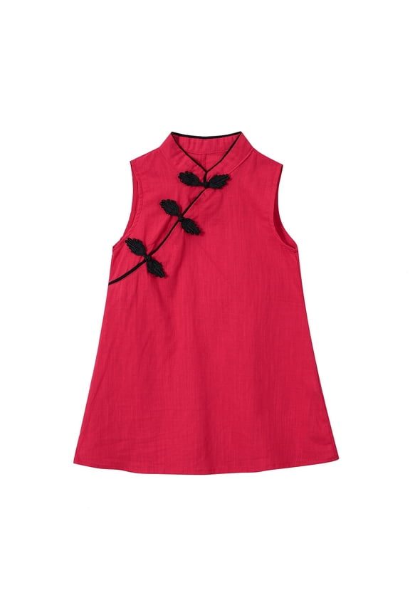 Todder Girls Chinese Outfit Solid Color New Year Dresses with Tray Button(Red,2-3Y)