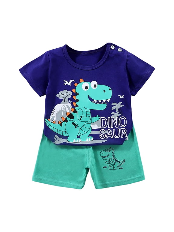 Toddler Baby Boy Outfit,Baby Boys Outfit Sets,Boys Short Sleeved Shorts Suit Comfortable Breathable Fabric Fashionable Cute Cartoon Dinosaur Print Boy Suit,Size 18-24 Months,Dark Blue